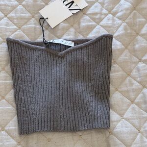 Zara Off-the-Shoulder Ribbed Sweater in Gray